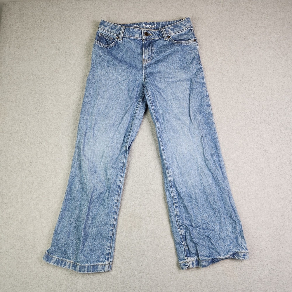 Cat & Jack Jeans Girls 12 Blue Denim Mid Rise Medium Wash Relaxed Fit Wide Leg